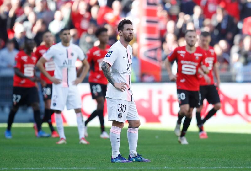 Paris Saint-Germain's Lionel Messi looks dejected during their 2-0 Ligue 1 defeat at Rennes on Sunday, October 3. Reuters