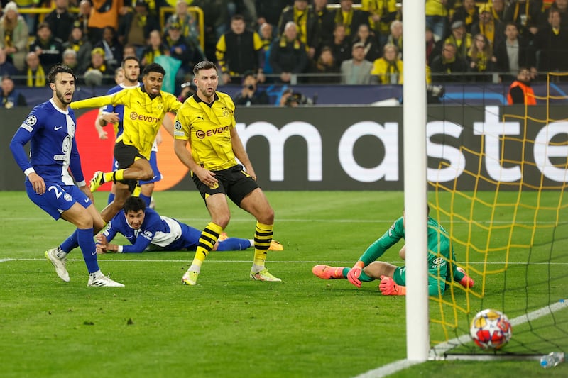 Ian Maatsen scores to give Dortmund a 2-0 lead on the night and the aggregate lead in the tie. AFP