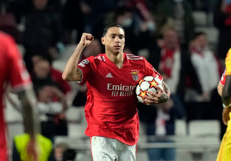 DARWIN NUNEZ AND ERLING HAALAND'S BIG-MONEY MOVES TO PREMIER LEAGUE: Benfica's Darwin Nunez celebrates after scoring his side's goal in the 3-1 Champions League quarter-final, first-leg defeat against Liverpool in Lisbon on April 5, 2022. The Uruguayan striker has now completed a move to Liverpool expected to be worth around £85m. AP Photo 