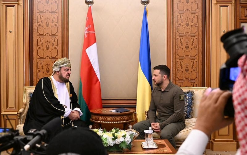 Oman's Deputy Prime Minister Asaad bin Tariq Al Said meets Ukrainian President Volodymyr Zelenskyy during the Arab League summit in Jeddah, Saudi Arabia. Reuters