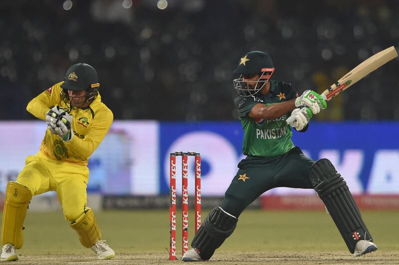 Pakistan's captain Babar Azam plays a cut against Australia. AFP