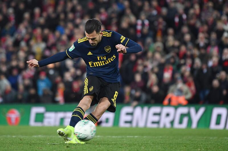 Dani Ceballos of Arsenal misses his sides fourth penalty during the penalty shootout. Getty