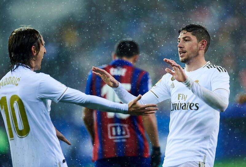 Real Madrid's Federico Valverde celebrates his gaol against Eibar with Luka Modric. Getty Images