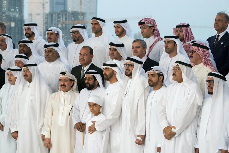 ABU DHABI, UNITED ARAB EMIRATES - October 08, 2018: HH Sheikh Mohamed bin Zayed Al Nahyan, Crown Prince of Abu Dhabi and Deputy Supreme Commander of the UAE Armed Forces (front row 5th L), stands for a photograph with members of  "Brainstorm Alliance" initiative, coordinated by The Emirates Center for Strategic Studies and Research (ECSSR), during a Sea Palace barza. Seen with HH Sheikh Tahnoon bin Mohamed Al Nahyan, Ruler's Representative in Al Ain Region (front row 4th L), HH Sheikh Tahnoon bin Mohamed bin Tahnoon Al Nahyan (front C) and HE Dr Jamal Al Suwaidi Director General of the Emirates Center for Strategic Studies and Research (ECSSR) (front row 4th R).

( Rashed Al Mansoori / Crown Prince Court - Abu Dhabi )
---