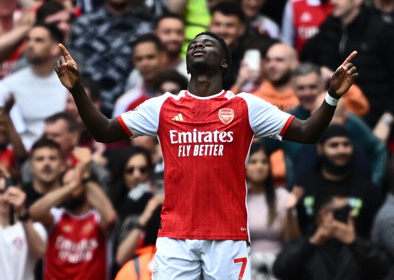 Bukayo Saka celebrates after scoring Arsenal's opening goal. Reuters