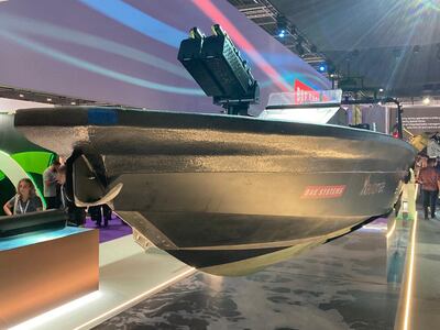 Travelling at up to 60 knots (111kph) armed with a heavy machinegun and ship arrestor nets, the P38 Aggressor will be among the fastest autonomous boats launched. Thomas Harding / The National