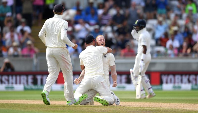 England all-rounder Ben Stokes of celebrates with James Anderson after dismissing India captain Virat Kohli on Day 4 at Edgbaston. Getty Images