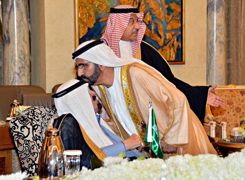 Sheikh Mohammed bin Rashid, Vice President of the UAE and Ruler of Dubai greets King Arabia Abdullah at an extraordinary GCC leaders summit in Riyadh on November 16, 2014. SPA / AFP Photo