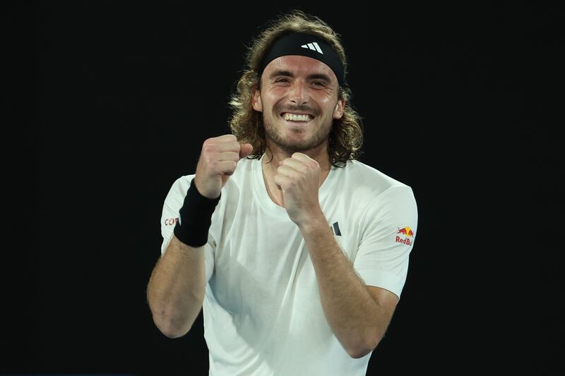 Stefanos Tsitsipas celebrates after beating Jannik Sinner at the Australian Open at Melbourne Park, on January 22, 2023. Getty