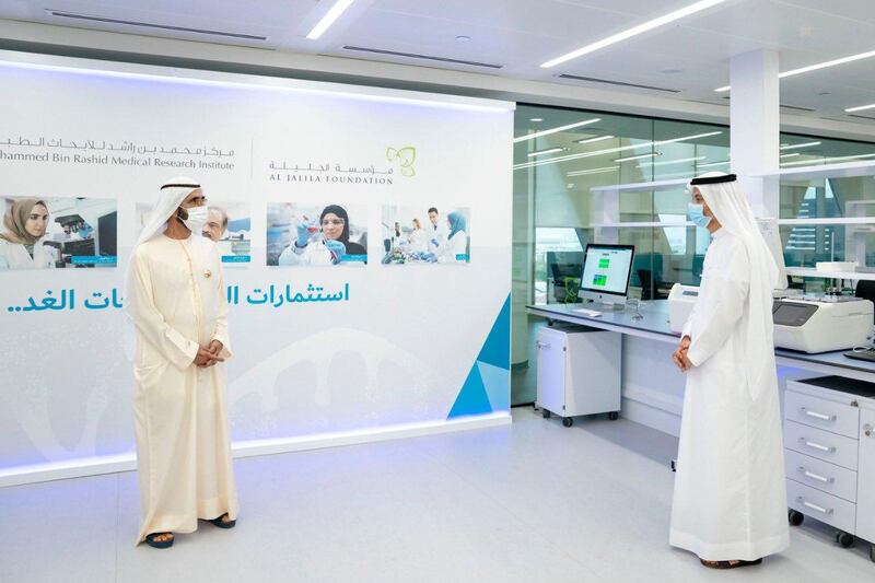 Sheikh Mohammed bin Rashid, Vice President and Ruler of Dubai, tours the Mohammed bin Rashid Medical Research Institute on Tuesday. Courtesy: Dubai Media Office
