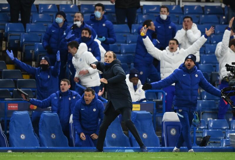 Chelsea manager Thomas Tuchel and the bench begin the celebrations after reaching the Champions League final. Reuters