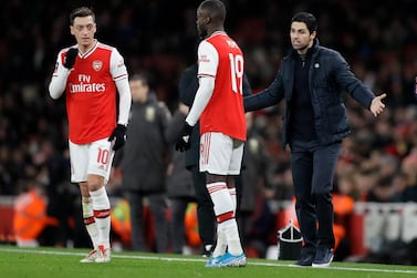 File photo of Arsenal manager Mikel Arteta, right, during the English FA Cup match against Leeds United at the Emirates Stadium in London in January. AP