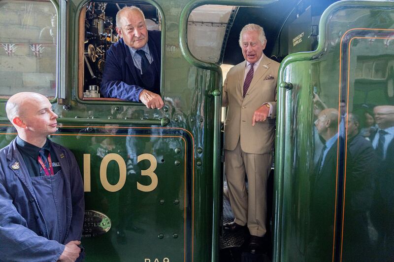 King Charles travels by train pulled by the Flying Scotsman in celebration of its 100th anniversary, in June 