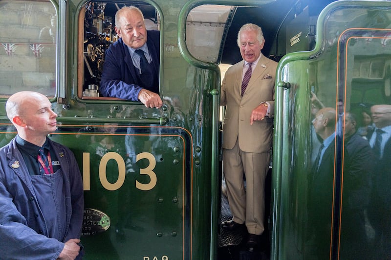 King Charles travels by train pulled by the Flying Scotsman in celebration of its 100th anniversary, in June 