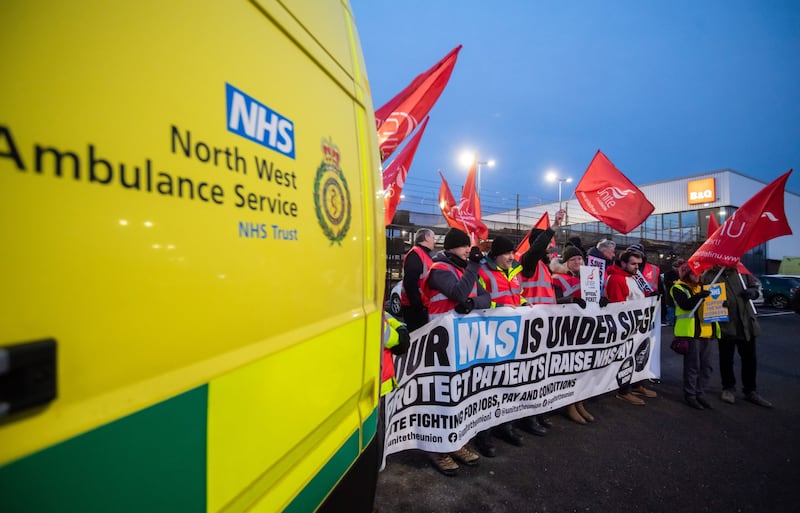 Ambulance workers on a picket line during strike action at Chorley Ambulance Station in 2023. Bloomberg