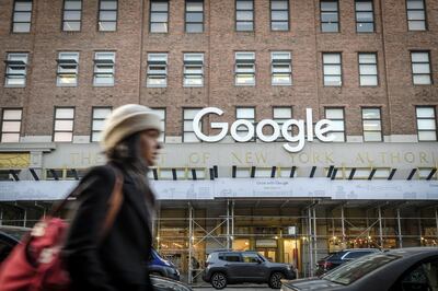 A pedestrian passes in front of Google headquarters in the Chelsea neighborhood of New York, U.S., on Monday, Jan. 6, 2020. The Alphabet Inc. unit Google has added thousands of jobs since it set up shop in the Chelsea neighborhood in 2006, and plans to add thousands more on Manhattan's west side. The company didn't take public subsidies, and has mushroomed in New York without provoking much ire. Photographer: Christopher Occhicone/Bloomberg