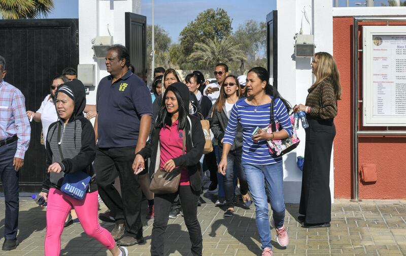 Abu Dhabi, United Arab Emirates - Worshippers rush inside to view the mass at St. JosephÕs Cathedral on February 5, 2019. Khushnum Bhandari for The National
