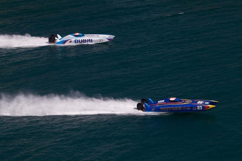 Arif Al Zaffeen and Nadir bin Hendi put the finishing touches to a perfect weekend’s racing with victory in the Dubai Duty Free Speed Cat Run in Dubai on Saturday. Courtesy XCat World Series