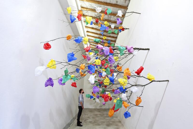 Plastic Tree C by Pascale Marthine Tayou, a prominent artist from Cameroon. His use of plastic bags, which have become a symbol of our consumerist society, offer a colourful critique of capitalism and widespread pollution. Courtesy Pascale Marthine Tayou / Galleria Continua