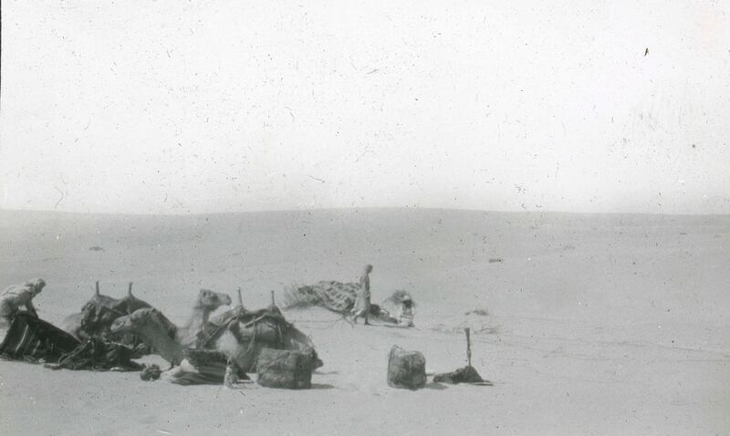 Waterless desert halt in Khillat at Hawaya, From a set of 15 lantern slides made to illustrate a paper by H. St. John B. Philby on 'Across the Rub 'Al Khali to Ubar', read at the Society on 23rd May 1932, . Artist Harry St. John Bridger Philby. (Photo by Royal Geographical Society via Getty Images/Getty Images)