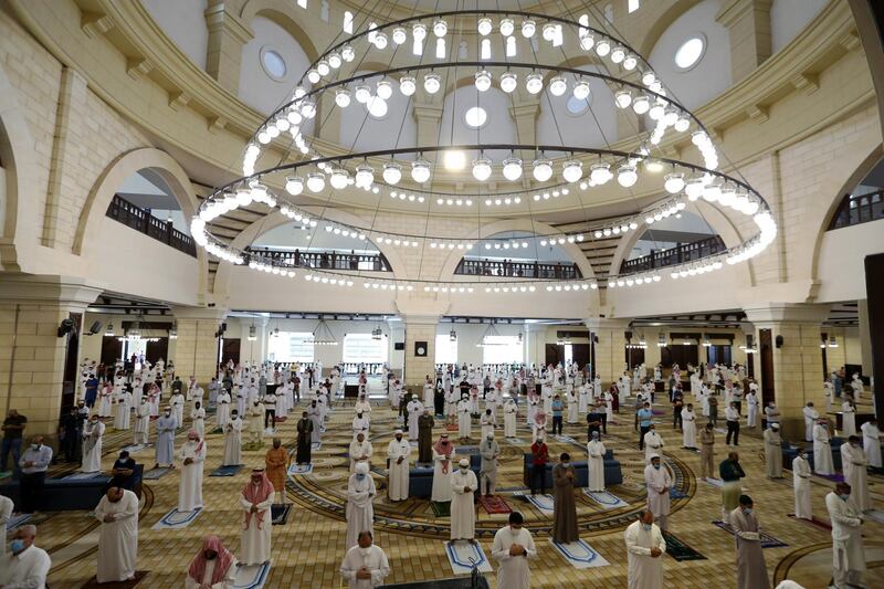 Muslims perform the Friday prayers inside the Al-Rajhi Mosque, Riyadh, Saudi Arabia. Reuters