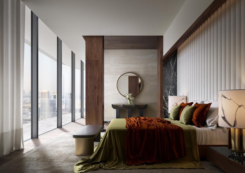 The Residences Dorchester Collection Dubai Penthouse Bedroom. Courtesy Omniyat