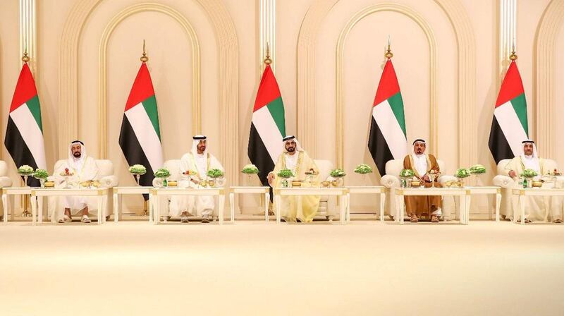 L-R: Sheikh Dr Sultan bin Muhammad Al Qasimi, Ruler of Sharjah, Sheikh Mohamed bin Zayed, Crown Prince of Abu Dhabi and Deputy Supreme Commander of the Armed Forces, Sheikh Mohammed bin Rashid, Vice President and Ruler of Dubai, Sheikh Humaid bin Rashid, Ruler of Ajman, and Sheikh Hamad bin Mohammed, Ruler of Fujairah, attend the wedding of Sheikh Hamdan bin Mohammed, Crown Prince of Dubai, Sheikh Maktoum bin Mohammed, Deputy Ruler of Dubai, and Sheikh Ahmed bin Mohammed, Chairman of the Mohammed bin Rashid Al Maktoum Knowledge Foundation, on Thursday at Dubai World Trade Centre. Courtesy Dubai Media Office