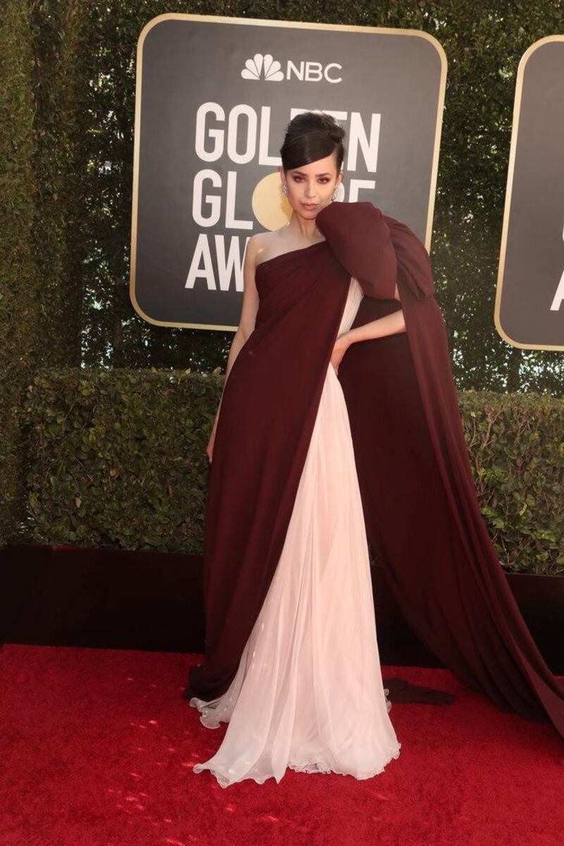 Sofia Carson, in Giambattista Valli, attends the 78th annual Golden Globe Awards in Beverly Hills, California, on February 28, 2021. Reuters