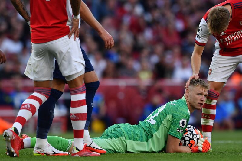 ARSENAL RATINGS: Aaron Ramsdale - 7: Strong wrists needed to palm Son shot over bar with his first save of game. Rescued by Xhaka after awful pass out from back just before Gunners’ second goal. Brilliant leaping save to tip Moura strike onto bar in injury-time. AFP