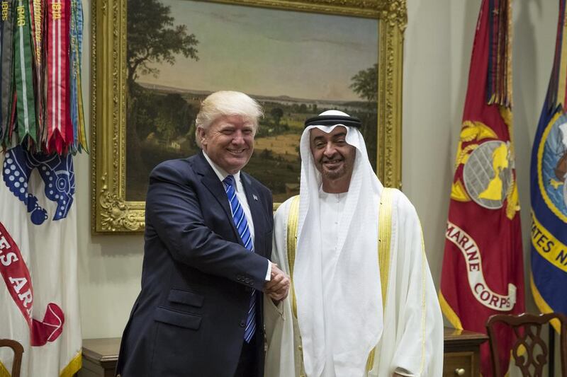 Sheikh Mohammed bin Zayed, Crown Prince of Abu Dhabi and Deputy Supreme Commander of the Armed Forces, and Donald Trump, US President, stand for a photograph prior to a meeting at the White House. Ryan Carter / Crown Prince Court - Abu Dhabi