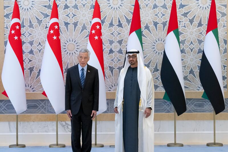 President Sheikh Mohamed receives Mr Lee at Qasr Al Watan. Hamad Al Kaabi / UAE Presidential Court