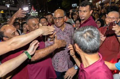 Singaporean presidential candidate Tharman Shanmugaratnam thanks his supporters after the announcement of a sample count of the vote on polling day of the Presidential election in Singapore, 01 September 2023. EPA