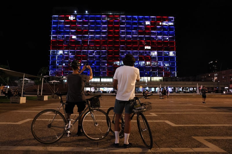 The Tel Aviv Municipality building is decked in the colours of the British flag as a sign of solidarity to the British royal family. AFP