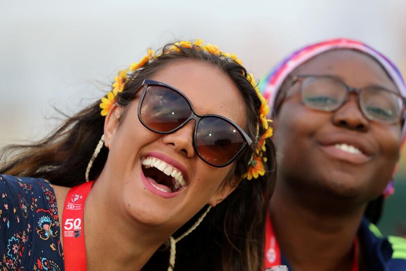 Dubai, United Arab Emirates - December 07, 2019: Fans watch the game between Dubai Hurricanes and Emirates Firebirds Blue in the Gulf womens final at the HSBC rugby sevens series 2020. Saturday, December 7th, 2019. The Sevens, Dubai. Chris Whiteoak / The National