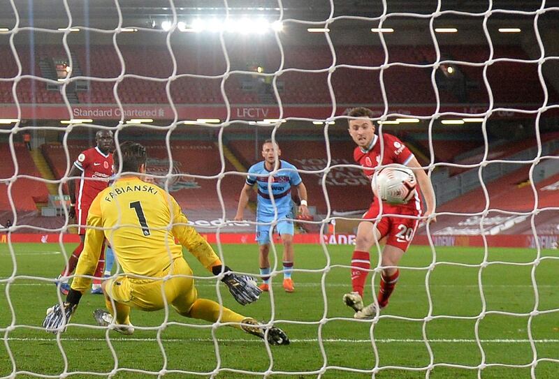 Diogo Jota scores Liverpool's second goal against West Ham. Reuters