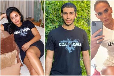 Huda Kattan, Mena Massoud and Jennifer Lopez have all worn Zuhair Murad's Rise from the Ashes T-shirt. Instagram 