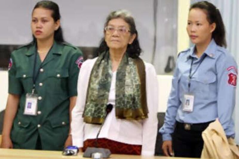 leng Thirith stands in the court room at the Extraodinary Chambers in the Court of Cambodia (ECCC) in Phnom Penh.