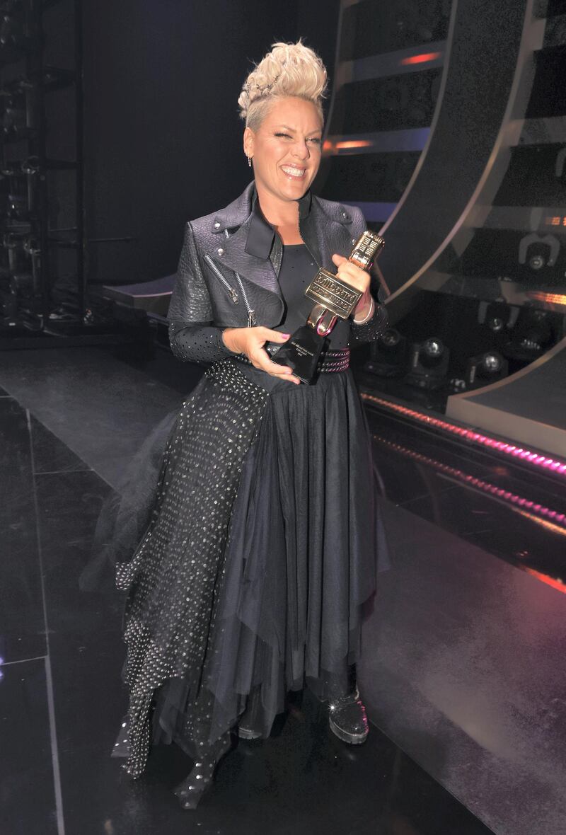 LOS ANGELES, CA - MAY 23:  2021 BILLBOARD MUSIC AWARDS -- Pictured: In this image released on May 23, Pink poses with the Icon Award backstage during the 2021 Billboard Music Awards, broadcast on May 23, 2021, held at the Microsoft Theater in Los Angeles, California. --  (Photo by Christopher Polk/NBC/NBCU Photo Bank via Getty Images)