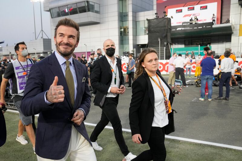 England football star David Beckham at the Qatar Grand Prix on Saturday, November 21, 2021. AP