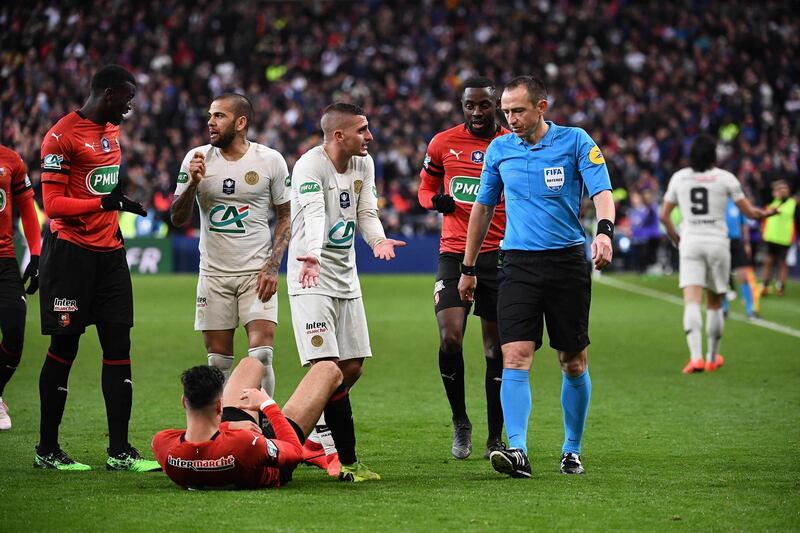 PSG midfielder Marco Verratti, centre, reacts during the match at Stade de France in Saint-Denis, outside Paris. Anne-Christine Poujoulat / AFP