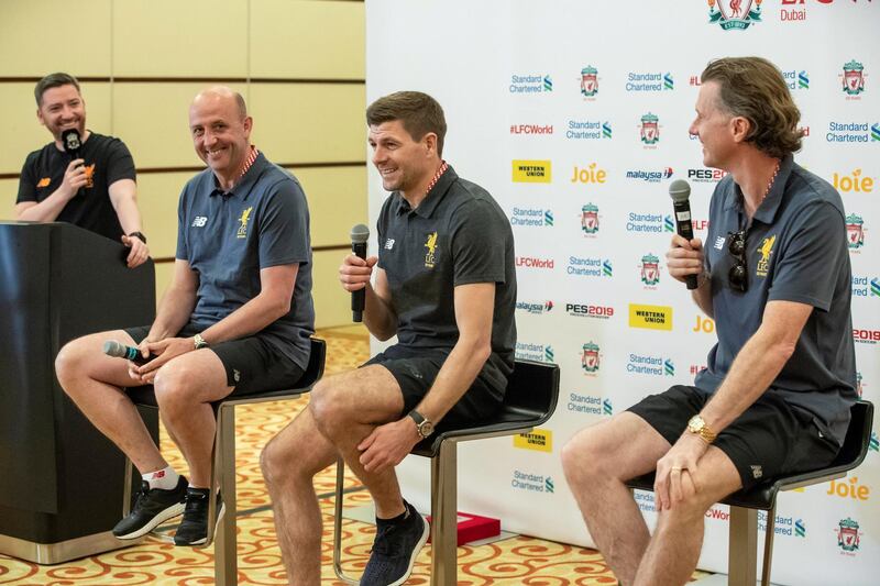 DUBAI, UNITED ARAB EMIRATES. 10 MAY 2018. Standard Chartered Presents LFC (Liverpool Football Club) World Dubai event at a press conference at The Westin. Seated fropm left to right is Gary McAllister, Steven Gerrard & Steve McManaman. (Photo: Antonie Robertson/The National) Journalist: John McAuley. Section: Sport.