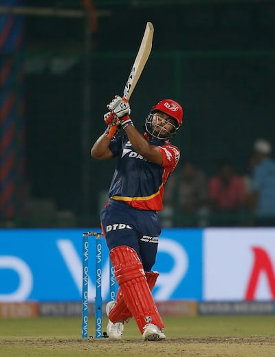 Delhi Daredevils' Rishabh Pant looks on after hitting a six during VIVO IPL cricket T20 match against Sunrisers Hyderabad in New Delhi, India, Thursday, May 10, 2018. (AP Photo/Altaf Qadri)