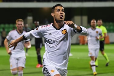 CHISINAU, MOLDOVA - SEPTEMBER 15: Cristiano Ronaldo of Manchester United celebrates after scoring their team's second goal from the penalty spot during the UEFA Europa League group E match between Sheriff Tiraspol and Manchester United at Stadionul Sheriff on September 15, 2022 in Tiraspol, Moldova. (Photo by Oleg Bilsagaev / Getty Images)