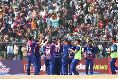 Nepal celebrate wicket in the ICC Cricket World Cup League 2 match between United Arab Emirates (UAE) and Nepal at the TU International Cricket Stadium, Kathmandu, Nepal on Thursday, 16th March 2023. Subas Humagain for The National