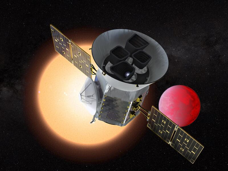 epa06634701 A handout photo made available by the National Aeronautics and Space Administration (NASA) on 28 March 2018 shows an artist's impression of the 'Transiting Exoplanet Survey Telescope' (TESS) in front of a lava planet orbiting its host star. NASA's Transiting Exoplanet Survey Satellite is undergoing final preparations in Florida for its 16 April launch to find undiscovered worlds around nearby stars, providing targets where future studies will assess their capacity to harbor life, NASA said in their media release. TESS is expected to identify thousands of potential new planets for further study and observation.  EPA/NASA GSFC / HANDOUT  HANDOUT EDITORIAL USE ONLY/NO SALES