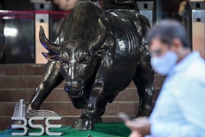 A bronze bull at the Bombay Stock Exchange in Mumbai. EPA