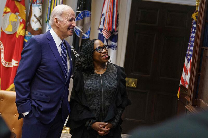 US President Joe Biden and Judge Ketanji Brown Jackson watch the Senate vote on her nomination to be an associate justice on the US Supreme Court, from the Roosevelt Room of the White House in Washington. AFP