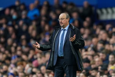 FILE - Everton's head coach Rafael Benitez gestures during the English Premier League soccer match between Everton and Brighton at Goodison Park stadium in Liverpool, England, Sunday, Jan.  2, 2022.   Benitez has been fired as Everton manager following a 2-1 loss to Norwich in the Premier League that plunged the team closer to the relegation zone.  Benitez was a contentious appointment in the offseason owing to his close links with Everton’s local rival, Liverpool, for whom he was manager from 2004-10 and led to a Champions League title in 2005.  (AP Photo / Jon Super, File)