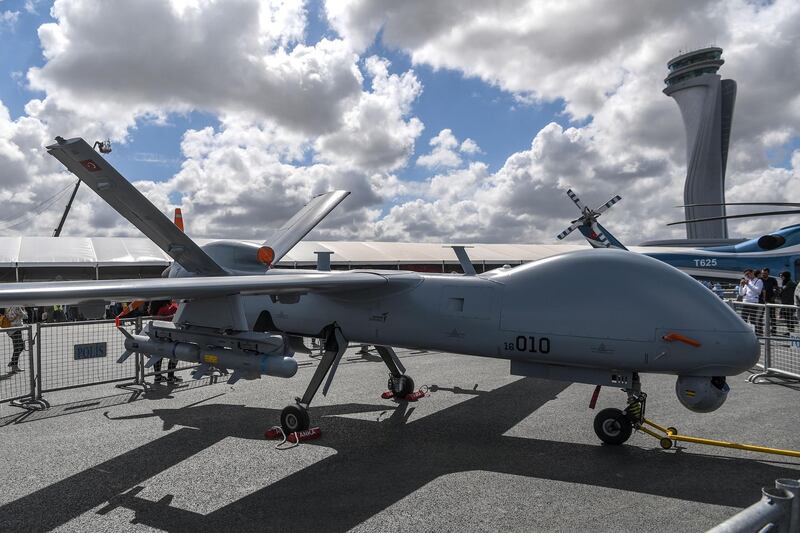 (FILES) In this file photo taken on September 20, 2018, a Turkish unmanned aircraft (ANKA) is displayed during the Teknofest festival at Istanbul's new airport on September 20, 2018 in Istanbul. The forces of Libyan strongman Khalifa Haftar said on June 30 that they had destroyed a Turkish drone in a strike on an airport in Tripoli. Airport authorities said they had suspended flights "until further notice" following an air strike. An airport official, speaking on condition of anonymity, said a raid had targeted a runway without causing casualties or damage. Haftar's forces, which hold much of eastern and southern Libya, had launched an offensive in early April to seize the capital from the internationally recognised unity government. / AFP / OZAN KOSE
