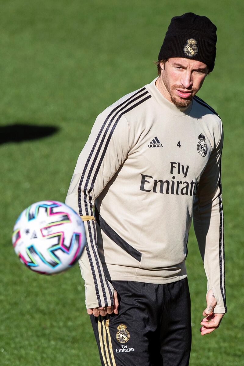 Real Madrid captain Sergio Ramos takes part in a training session. EPA